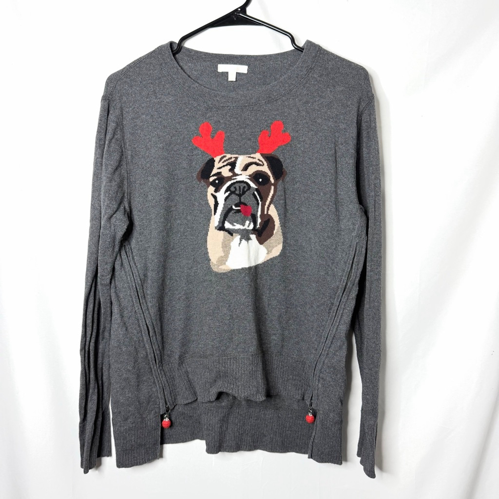 Women's LISA TODD Gray Bulldog Christmas Crew Neck Sweater M